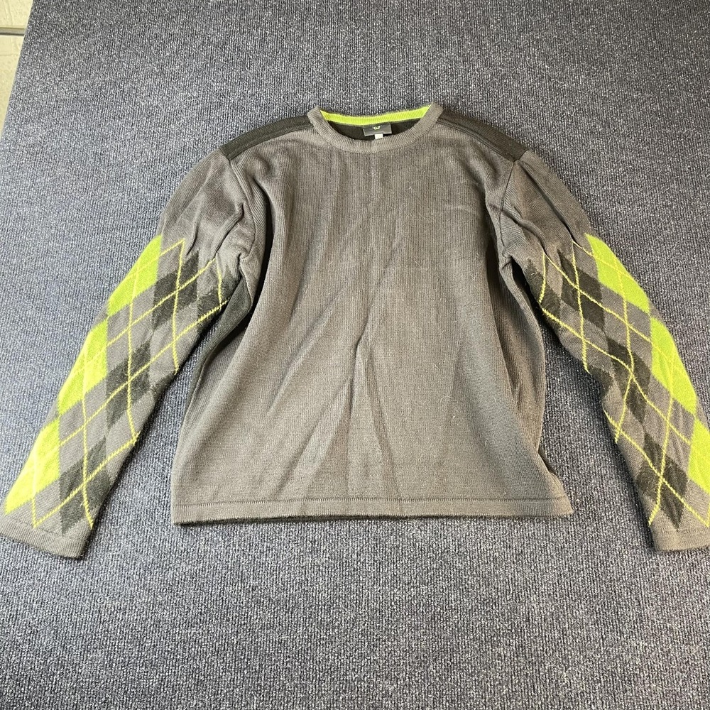 Versace Sweater Mens Large Gray Neon‎ Argyle Sleeve Pullover Knit Made Italy